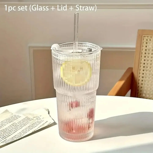 600Ml Stripe Glass Cup with Lid and Straw Transparent Drinking Glasses for Juice Water and Iced Coffee Cups Mug Drinkware